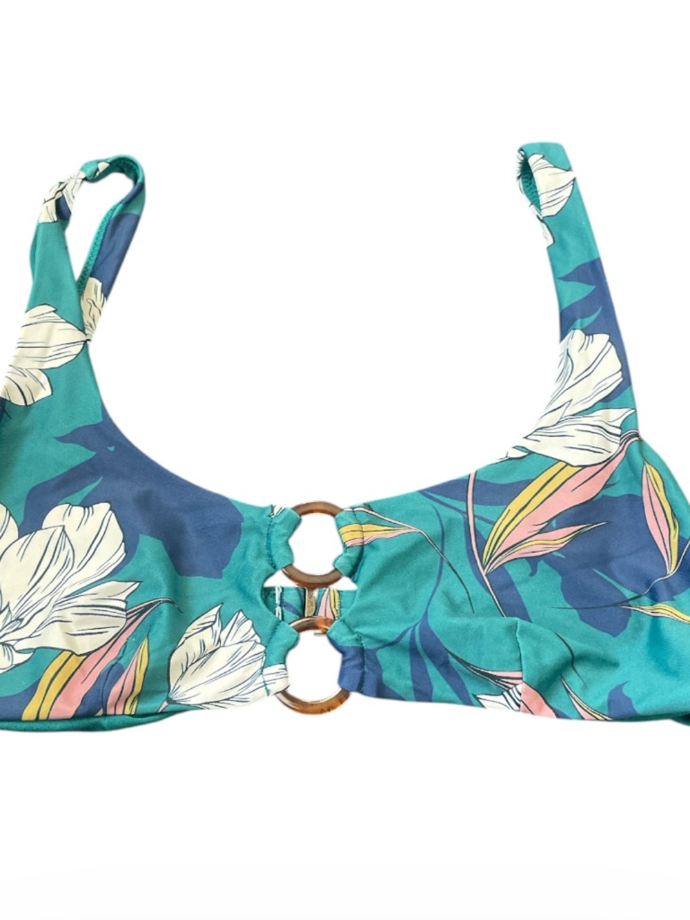 Tropical Floral Ring-Front Bikini Top in Teal & Navy